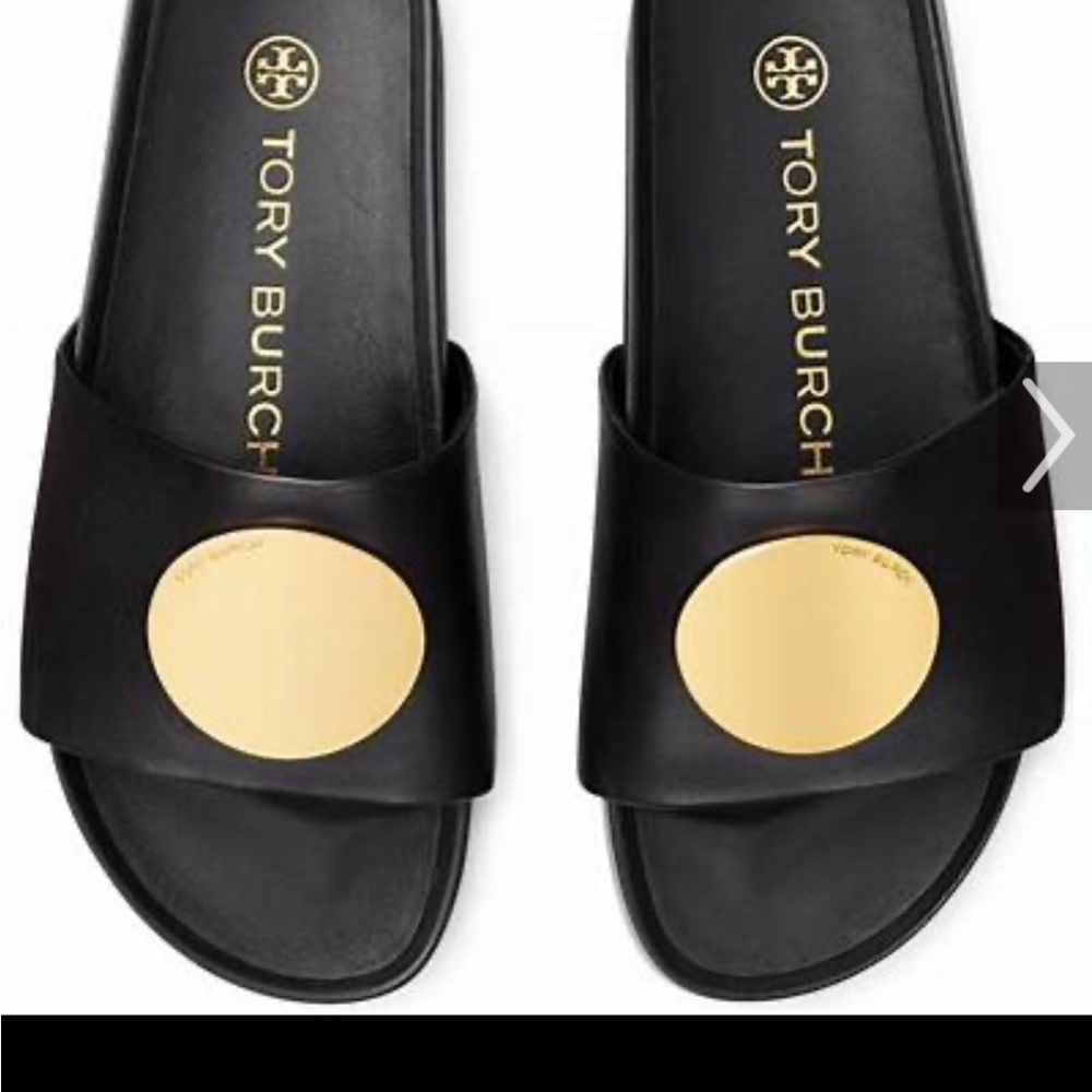 Tory Burch Black Slides with Gold Emblem